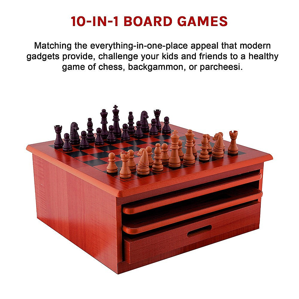 10 in 1 Wooden Chess Board Games Slide Out Checkers House Unit Set-Game Sets & Kits-PEROZ Accessories
