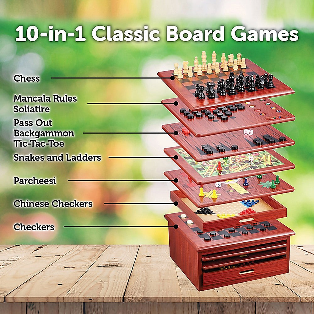 10 in 1 Wooden Chess Board Games Slide Out Checkers House Unit Set-Game Sets & Kits-PEROZ Accessories