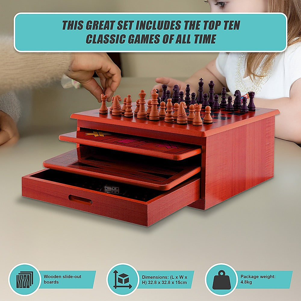 10 in 1 Wooden Chess Board Games Slide Out Checkers House Unit Set-Game Sets & Kits-PEROZ Accessories