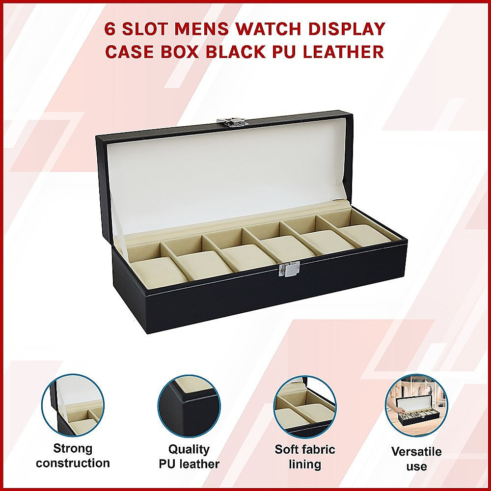 6 Slot Mens Watch Display Case Box Black PU Leather-Watch Accessories-PEROZ Accessories
