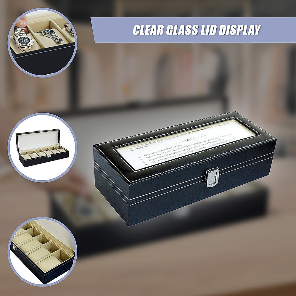 6 Slot Mens Watch Display Case Box Black PU Leather-Watch Accessories-PEROZ Accessories