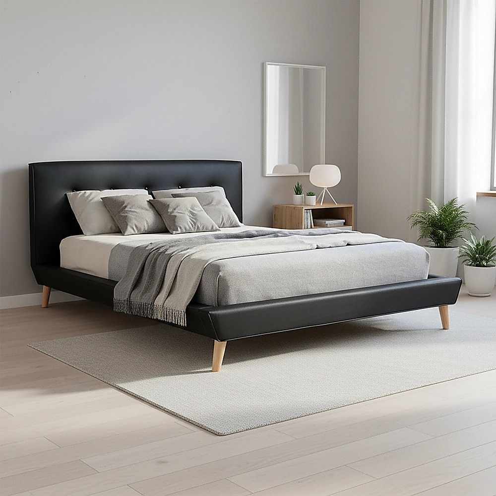 Queen PU Leather Deluxe Bed Frame Black-Furniture > Bedroom-PEROZ Accessories