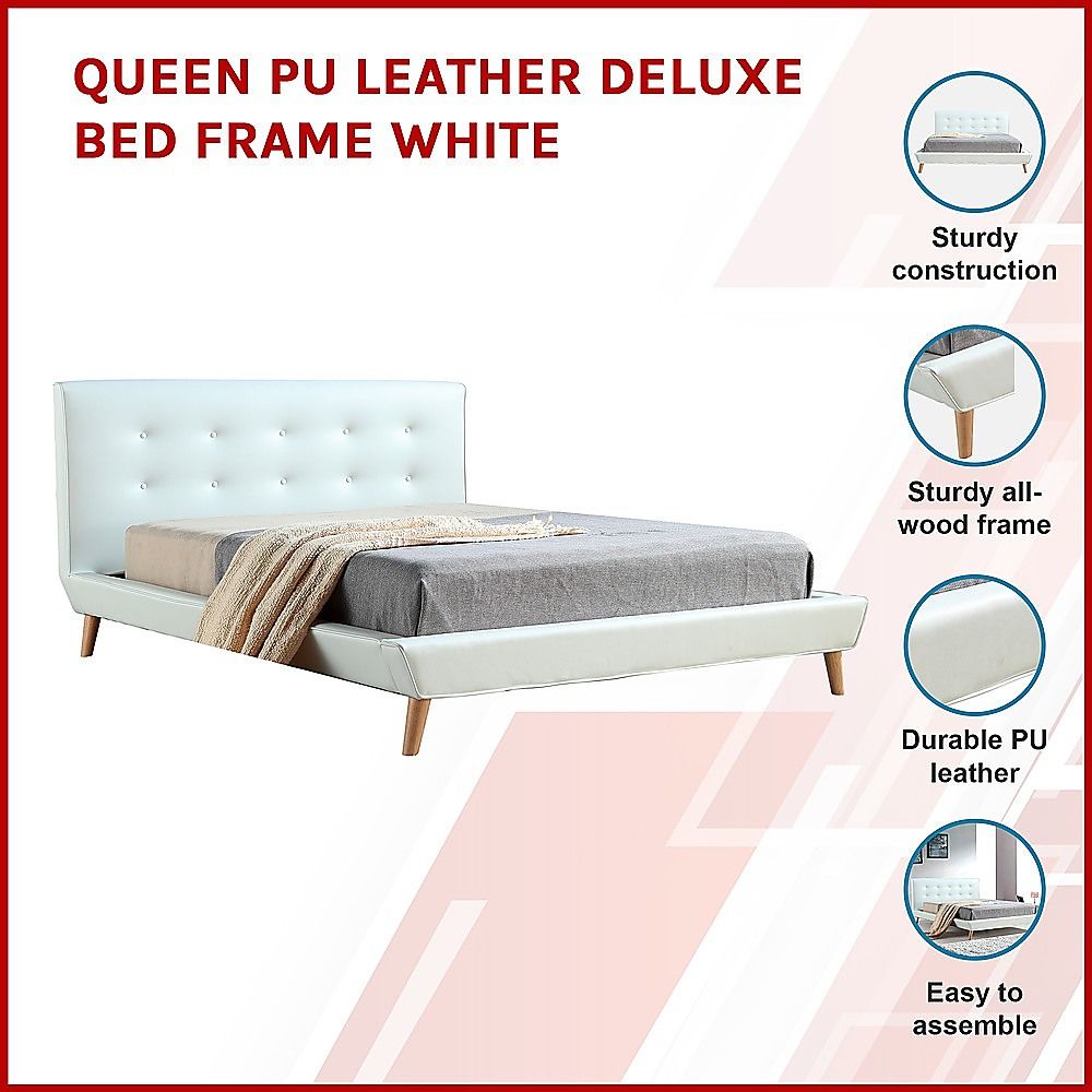 Queen PU Leather Deluxe Bed Frame White-Furniture > Bedroom-PEROZ Accessories