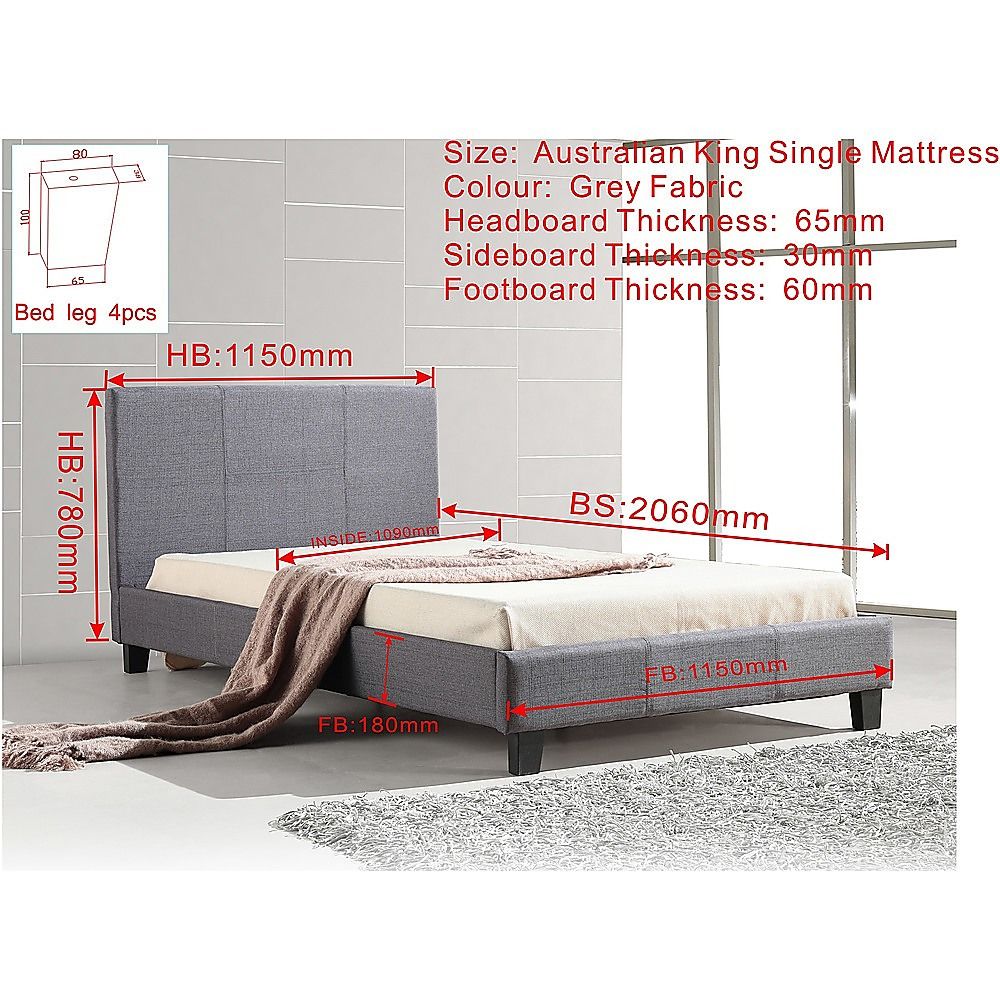 King Single Linen Fabric Bed Frame Grey-Bed Frames-PEROZ Accessories