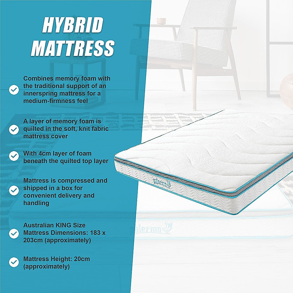 King 20cm Hybrid Mattress – Memory Foam and Innerspring Support-Furniture > Mattresses-PEROZ Accessories