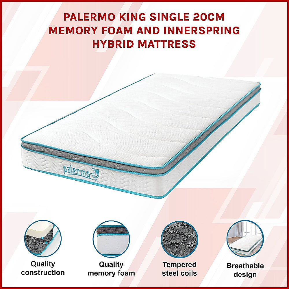 Palermo King Single 20cm Memory Foam and Innerspring Hybrid Mattress-Furniture > Mattresses-PEROZ Accessories