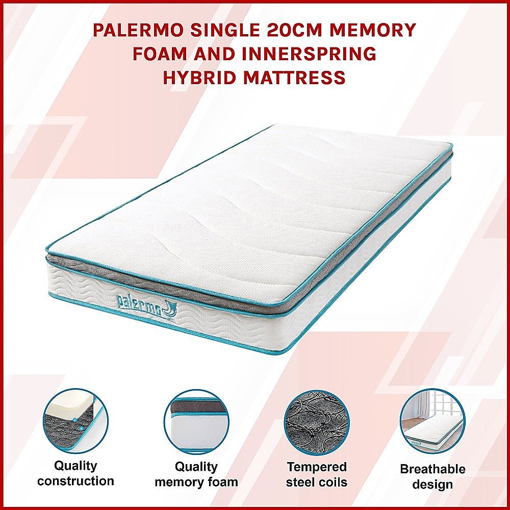 Single 20cm Hybrid Mattress – Memory Foam and Innerspring Support-Furniture > Mattresses-PEROZ Accessories