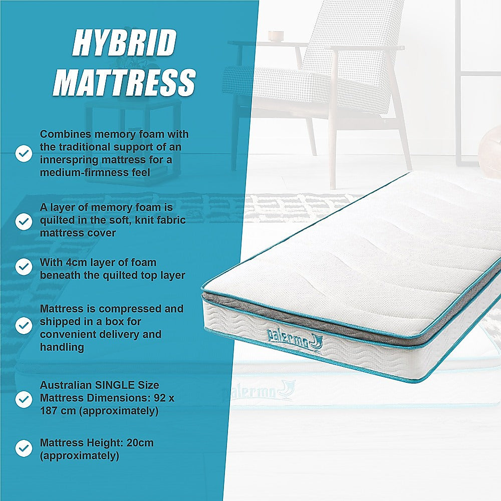 Palermo Single 20cm Memory Foam and Innerspring Hybrid Mattress-Furniture > Mattresses-PEROZ Accessories