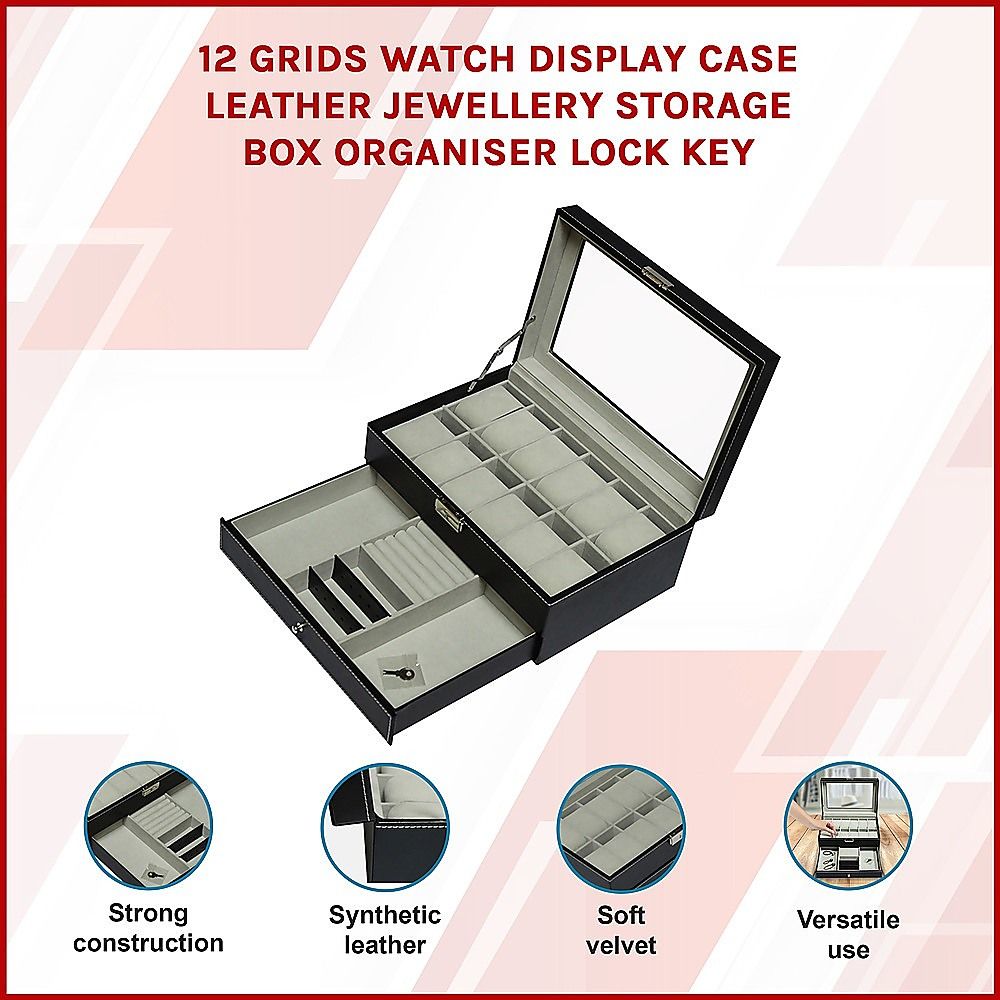 12 Grids Watch Display Case Leather jewellery Storage Box Organiser Lock Key-Watch Accessories-PEROZ Accessories