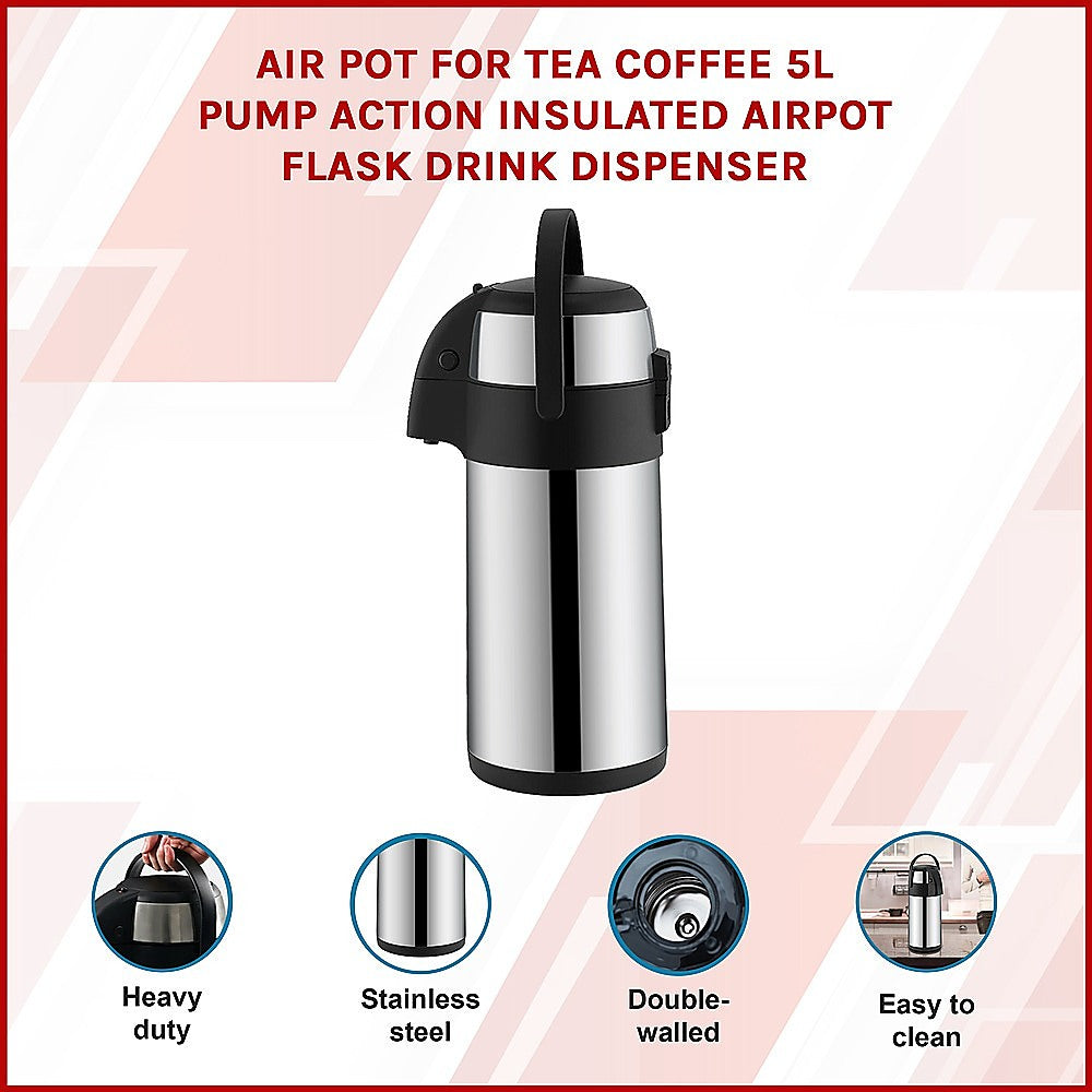 Air Pot for Tea Coffee 5L Pump Action Insulated Airpot Flask Drink Dispenser-Home & Garden > Kitchenware-PEROZ Accessories