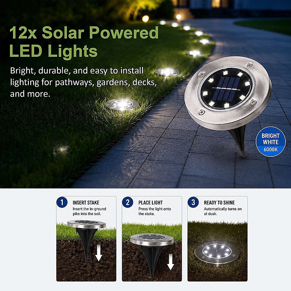 12x Solar Powered LED Buried Inground Recessed Light Garden Outdoor Deck Path-Home & Garden > Garden Lights-PEROZ Accessories