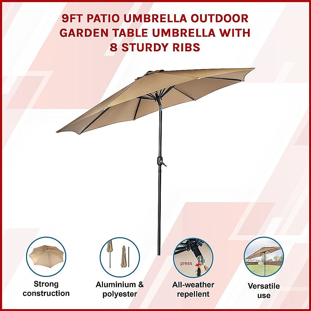 9FT Patio Umbrella Outdoor Garden Table Umbrella with 8 Sturdy Ribs-Outdoor Umbrellas-PEROZ Accessories