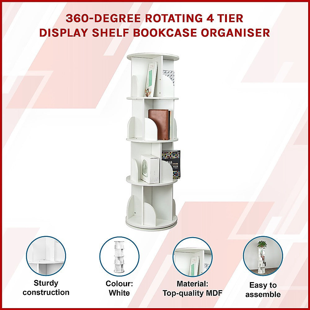 360-degree Rotating 4 Tier Display Shelf Bookcase Organiser-Bookcases & Shelves-PEROZ Accessories