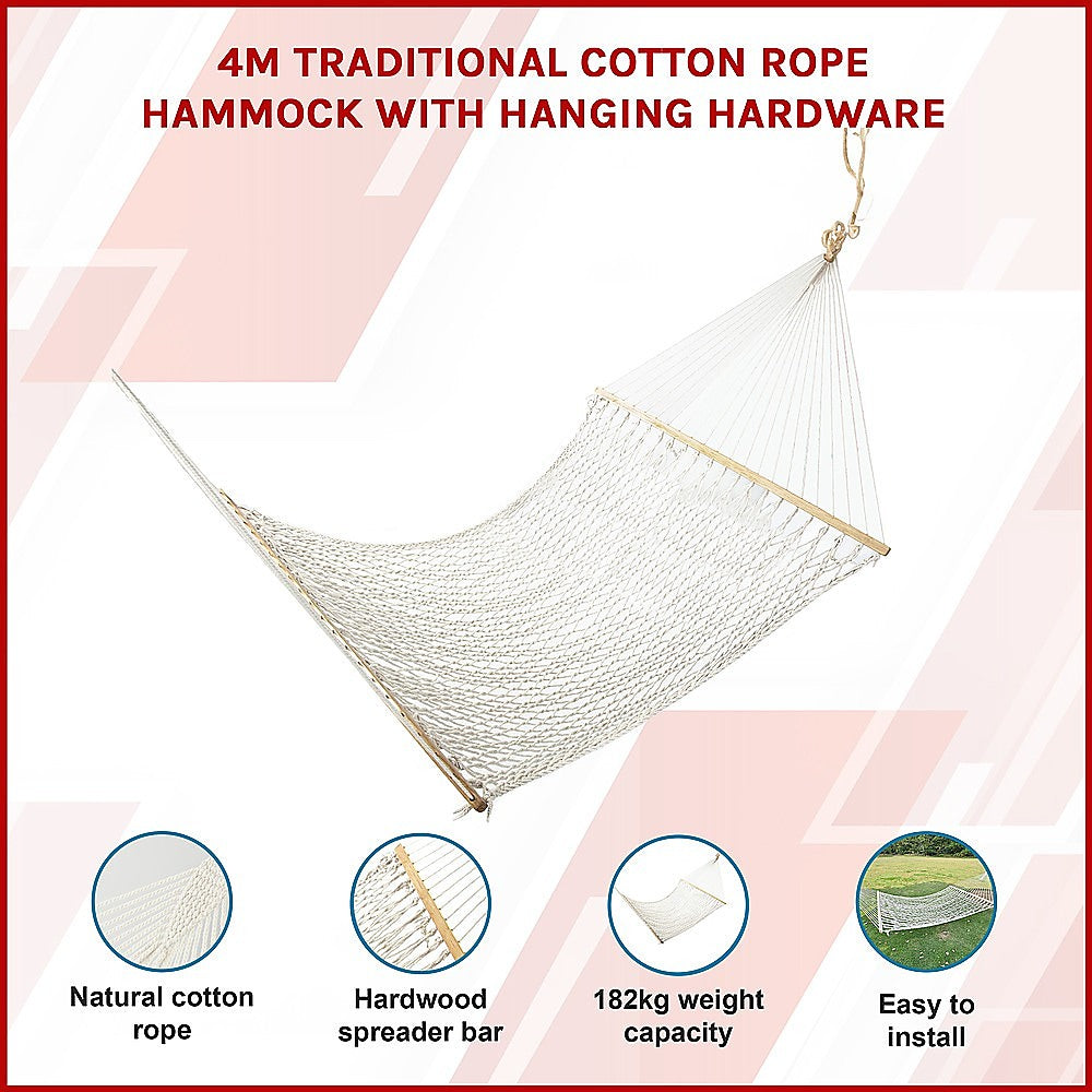 4m Traditional Cotton Rope Hammock with Hanging Hardware-Hammock-PEROZ Accessories