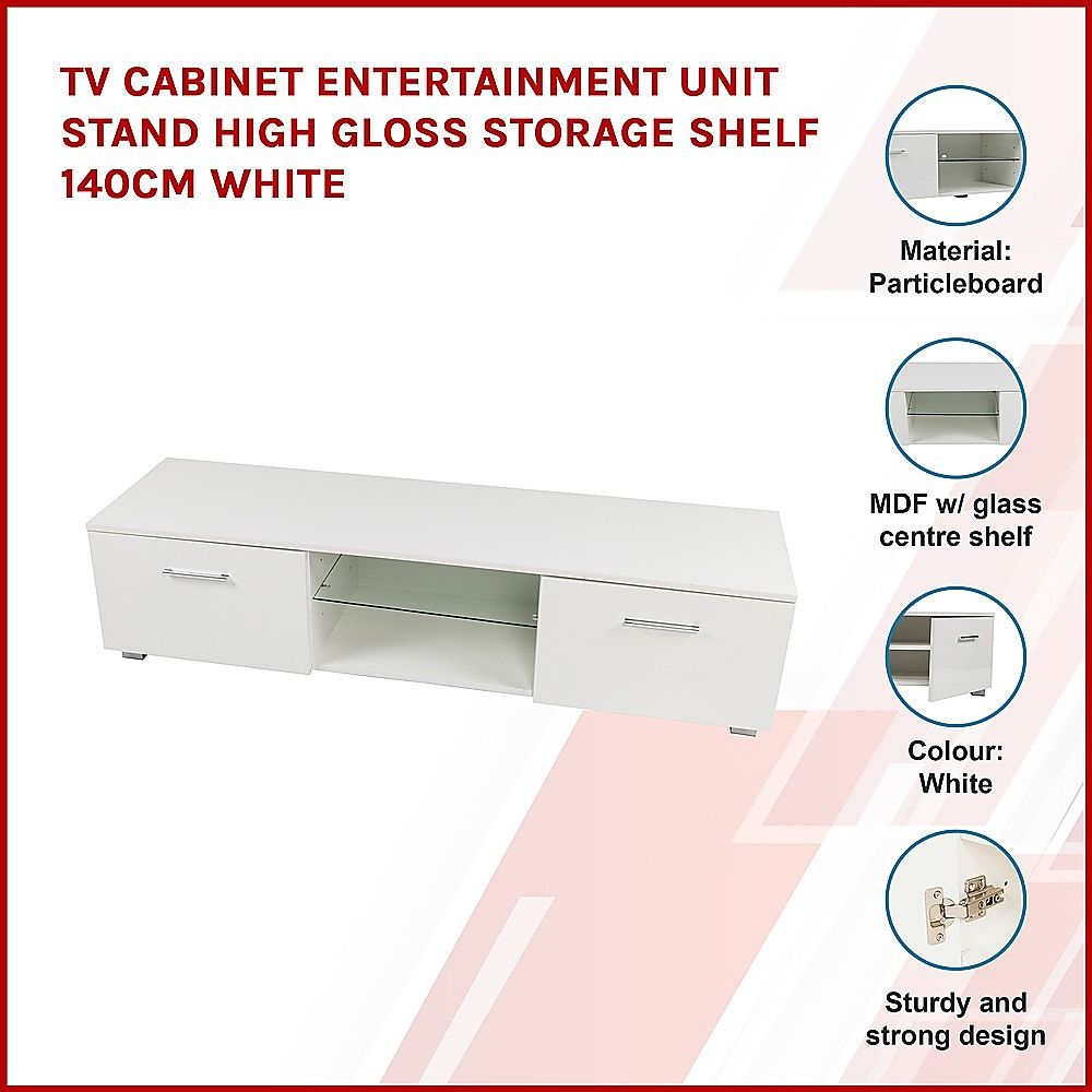 TV Cabinet Entertainment Unit Stand High Gloss Storage Shelf 140cm White-Entertainment Unit-PEROZ Accessories
