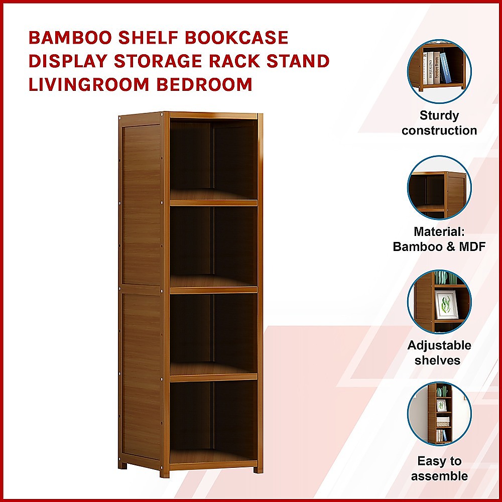 Bamboo 4-Shelf Bookcase – Adjustable Display Storage Rack Stand for Living Room, Bedroom, Office or Home Organisation-Bookcases & Shelves-PEROZ Accessories