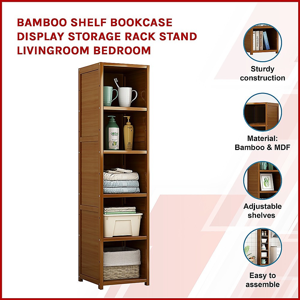 Bamboo 5-Shelf Bookcase – Tall Display Storage Rack Stand for Living Room, Bedroom, Office or Home Organisation-Bookcases & Shelves-PEROZ Accessories