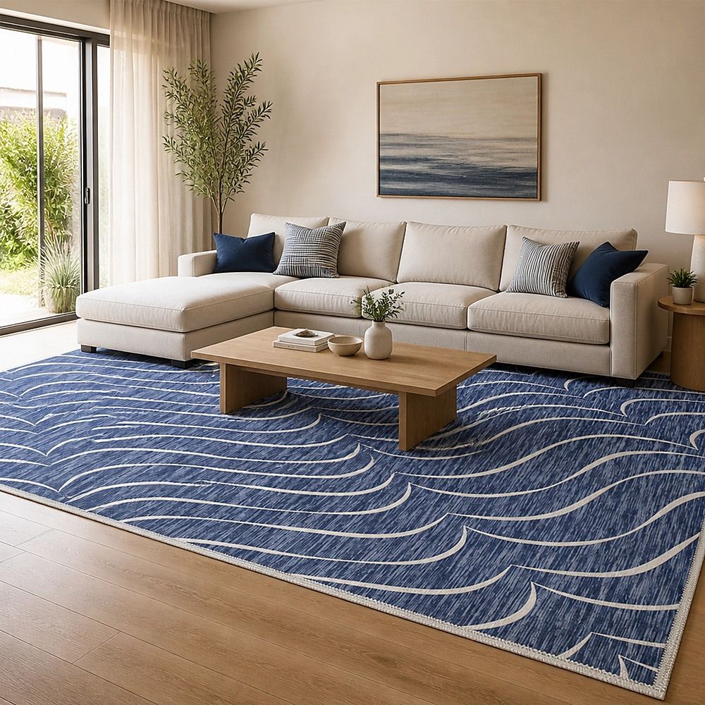 Large Floor Rug – 200x300cm Blue Rug (Waves Style)-Furniture > Office-PEROZ Accessories