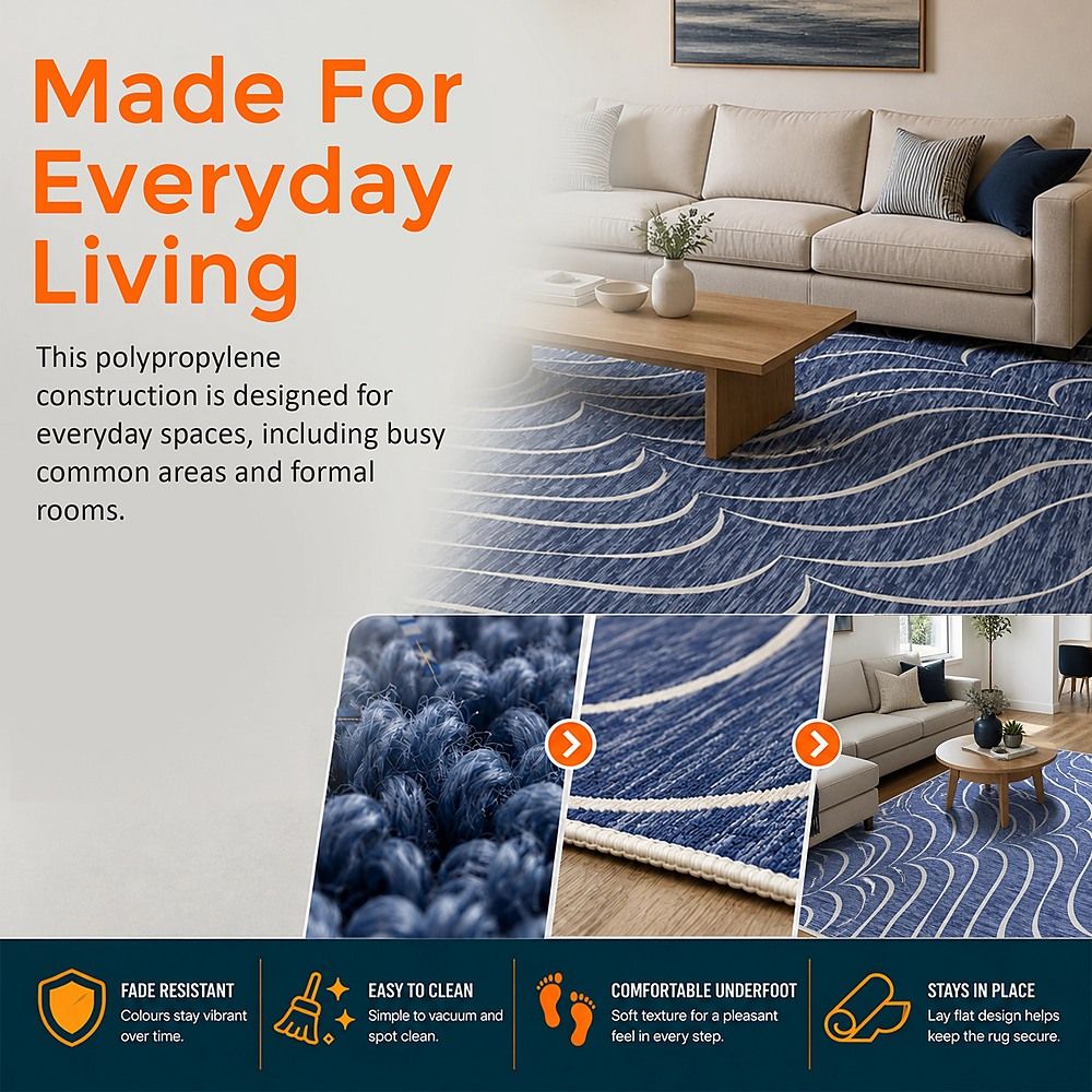 Large Floor Rug – 200x300cm Blue Rug (Waves Style)-Furniture > Office-PEROZ Accessories