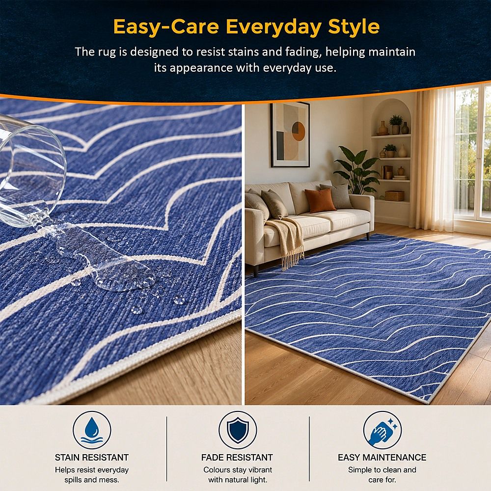 Large Floor Rug – 200x300cm Blue Rug (Waves Style)-Furniture > Office-PEROZ Accessories