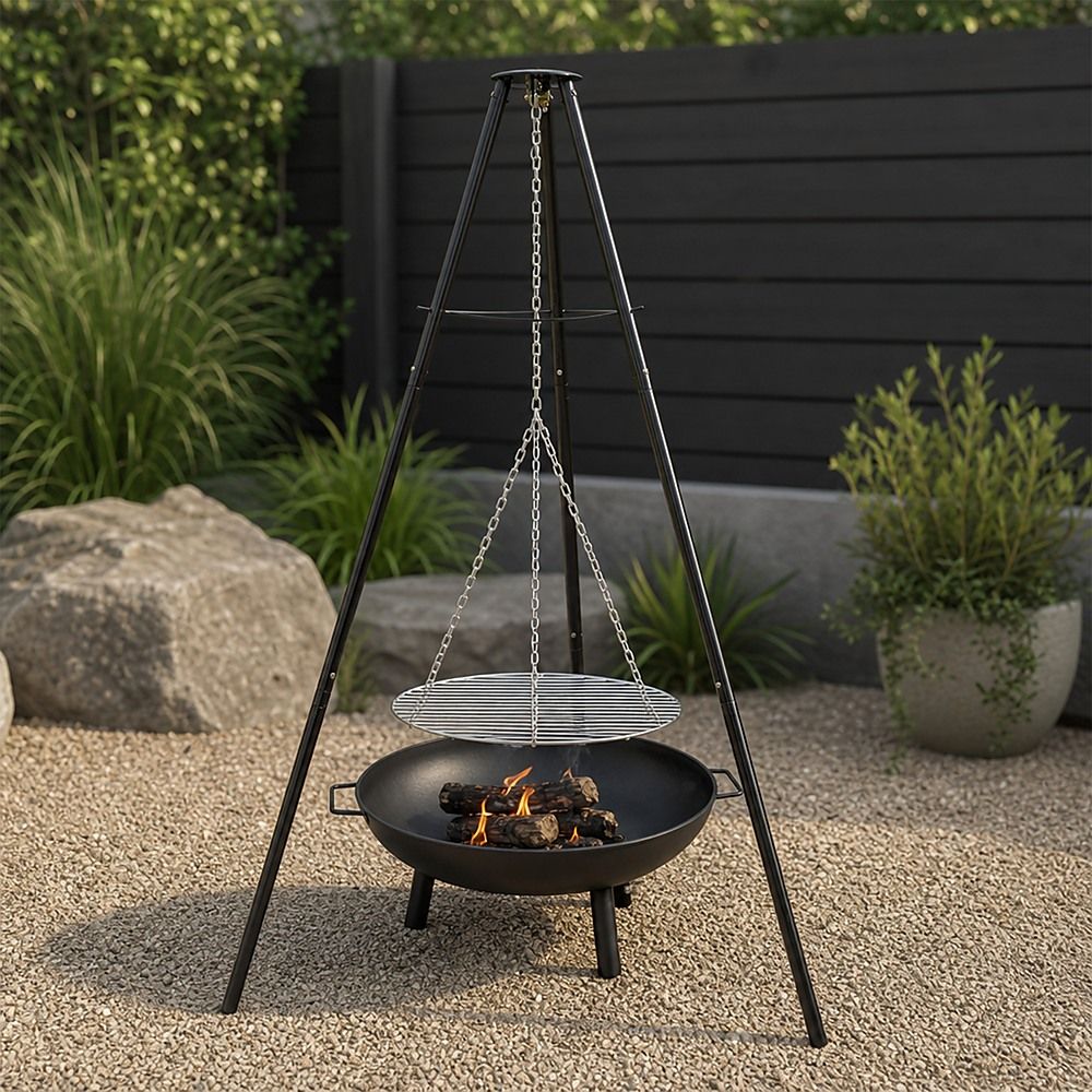 Tripod Garden Fire Pit BBQ – Cast Iron & Steel Round Outdoor Fire Bowl-BBQs-PEROZ Accessories