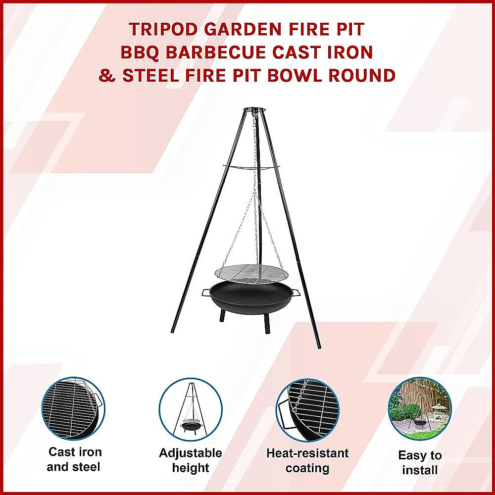 Tripod Garden Fire Pit BBQ Barbecue Cast Iron & Steel Fire Pit Bowl Round-BBQs-PEROZ Accessories