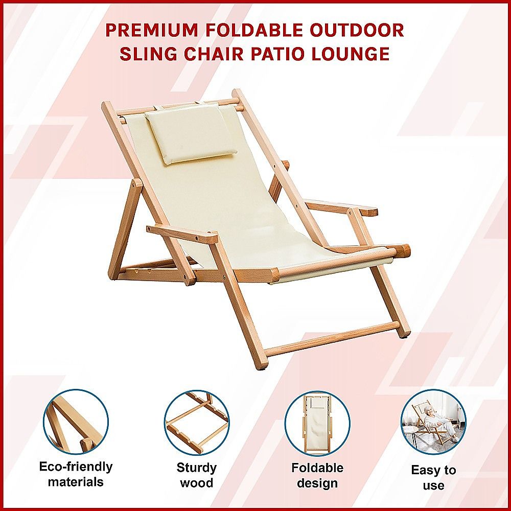 Premium Foldable Wooden Sling Chair Outdoor Patio Lounge Chair with Head Cushion-Baby & Kids > Baby & Kid&