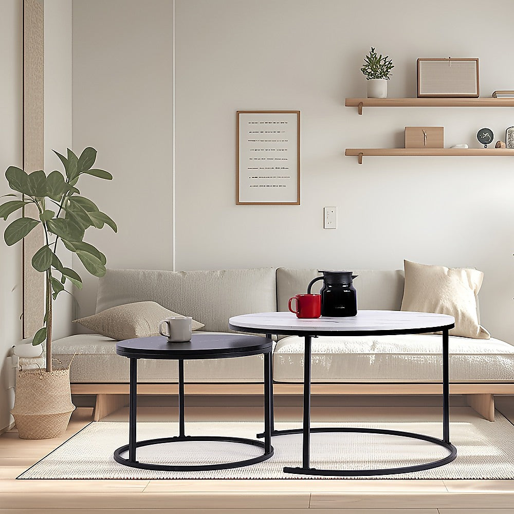Set of 2 Coffee Table Round Marble Nesting Side End Table Furniture-Furniture > Living Room > Coffee Tables-PEROZ Accessories
