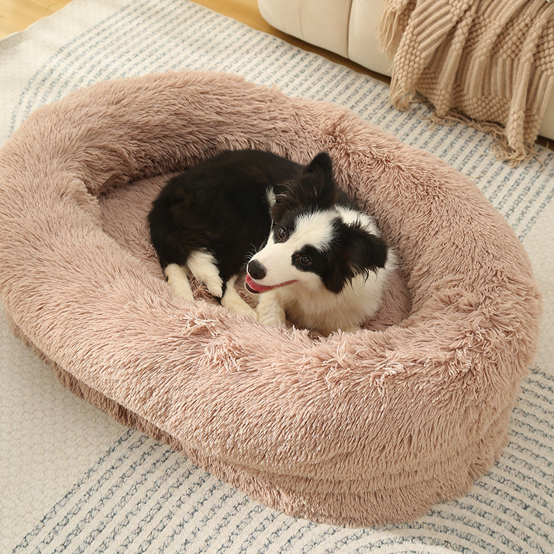 Fluffy Donut-Shaped Pet Bed- Soft, Cozy, and Anti-Anxiety for Dogs and Cats, Machine Washable Beige Brown Size:M 75*55*18cm-Pet Care > Dog Supplies > Dog Beds-PEROZ Accessories
