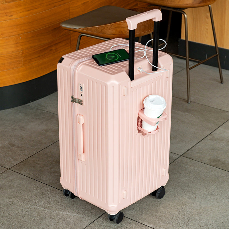 Smart Hard-Shell Luggage with USB Charging Port & Cup Holder - 24"Spinner Suitcase in Pink-Home & Garden > Travel > Suitcases-PEROZ Accessories