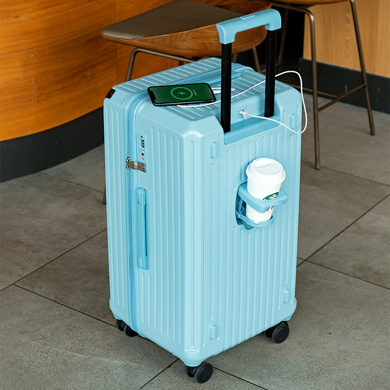 Smart Hard-Shell Luggage with USB Charging Port & Cup Holder - 24"Spinner Suitcase in Blue-Home & Garden > Travel > Suitcases-PEROZ Accessories