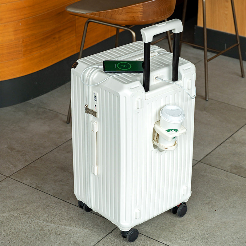 Smart Hard-Shell Luggage with USB Charging Port & Cup Holder - 20"Spinner Suitcase in White-Home & Garden > Travel > Suitcases-PEROZ Accessories