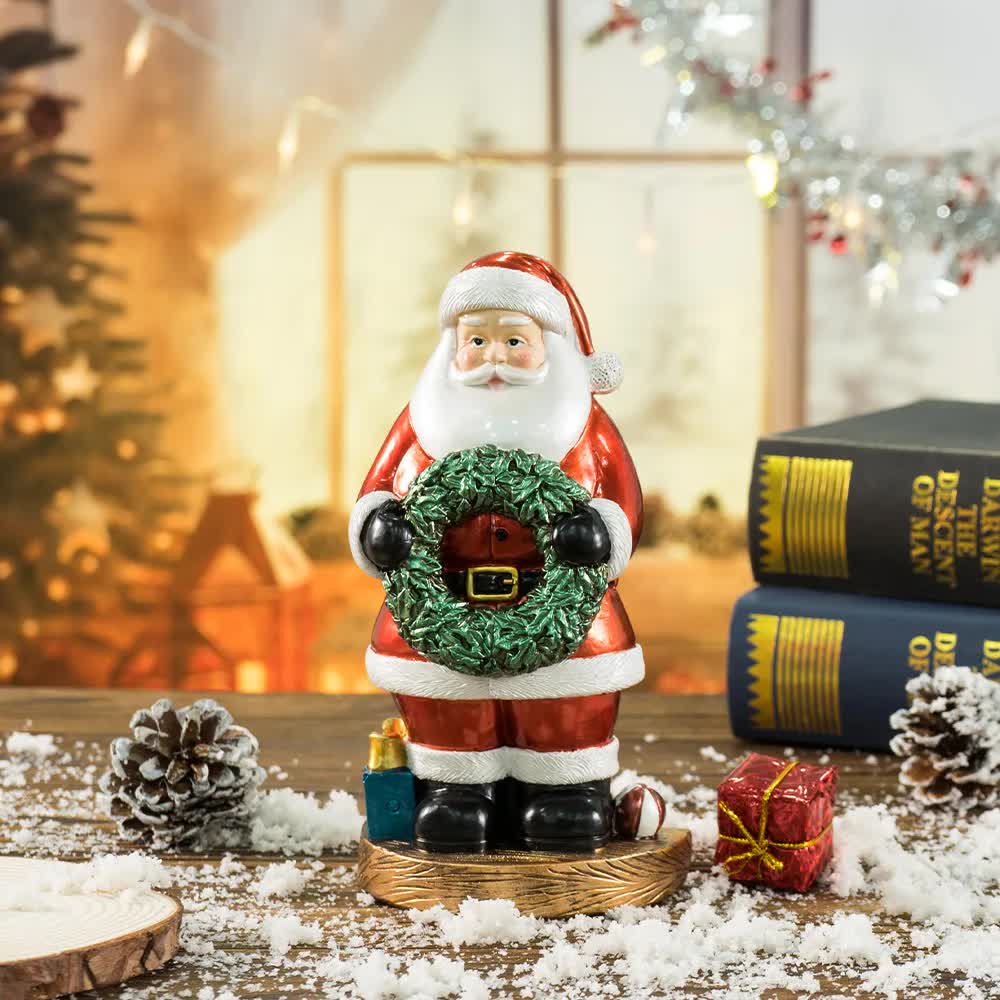 Santa Claus Figurine with Wreath - 18cm Festive Resin Christmas Decoration-Occasions > Christmas > Christmas Decorations-PEROZ Accessories