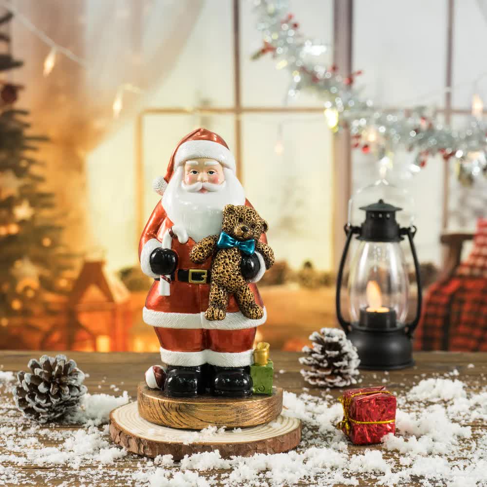 Santa Claus Figurine with Bear - 18cm Festive Resin Christmas Decoration-Occasions > Christmas > Christmas Decorations-PEROZ Accessories
