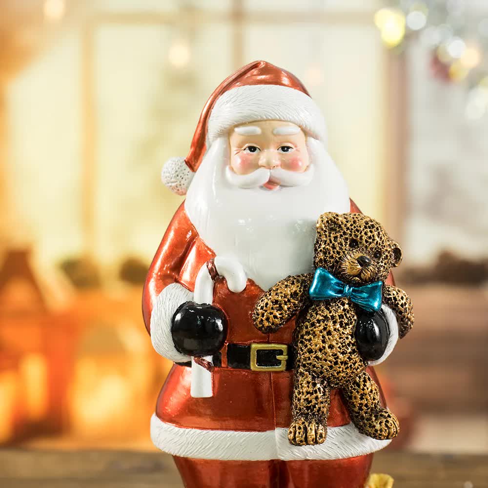 Santa Claus Figurine with Bear - 18cm Festive Resin Christmas Decoration-Occasions > Christmas > Christmas Decorations-PEROZ Accessories