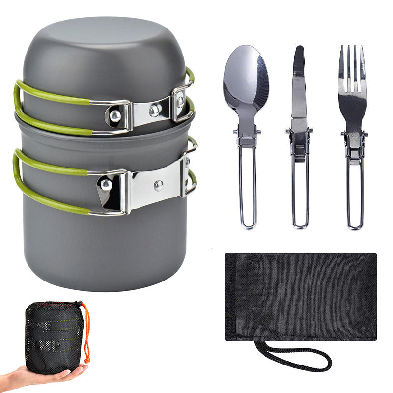 Green And Grey Compact Outdoor Camping Cookware Set with 410 Stainless Steel Utensils-Furniture > Outdoor > Outdoor Dining Sets-PEROZ Accessories