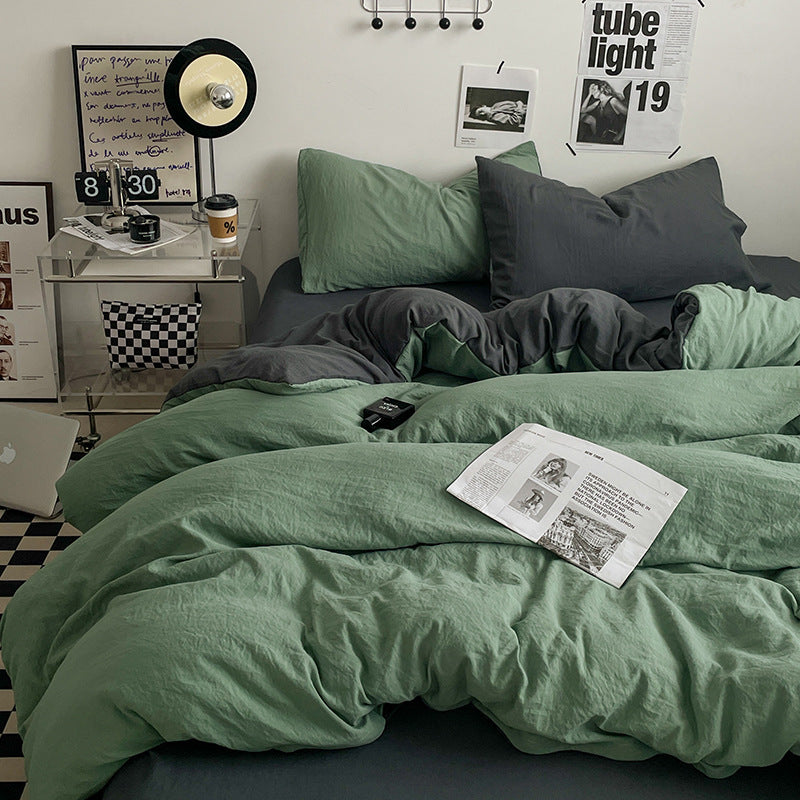 Green-dark grey 1.5m Bed Fitted Sheet Set with 200x230cm Duvet Cover - 4-Piece Bedding Set-Home & Garden > Bedding > Bed Sheets-PEROZ Accessories