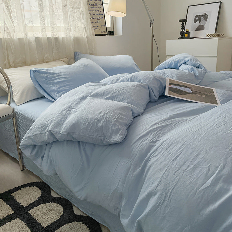 Blue Solid Color Solid Color Solid Color 1.5m Bed Fitted Sheet Set with 200x230cm Duvet Cover - 4-Piece Bedding Set-Home & Garden > Bedding > Bed Sheets-PEROZ Accessories