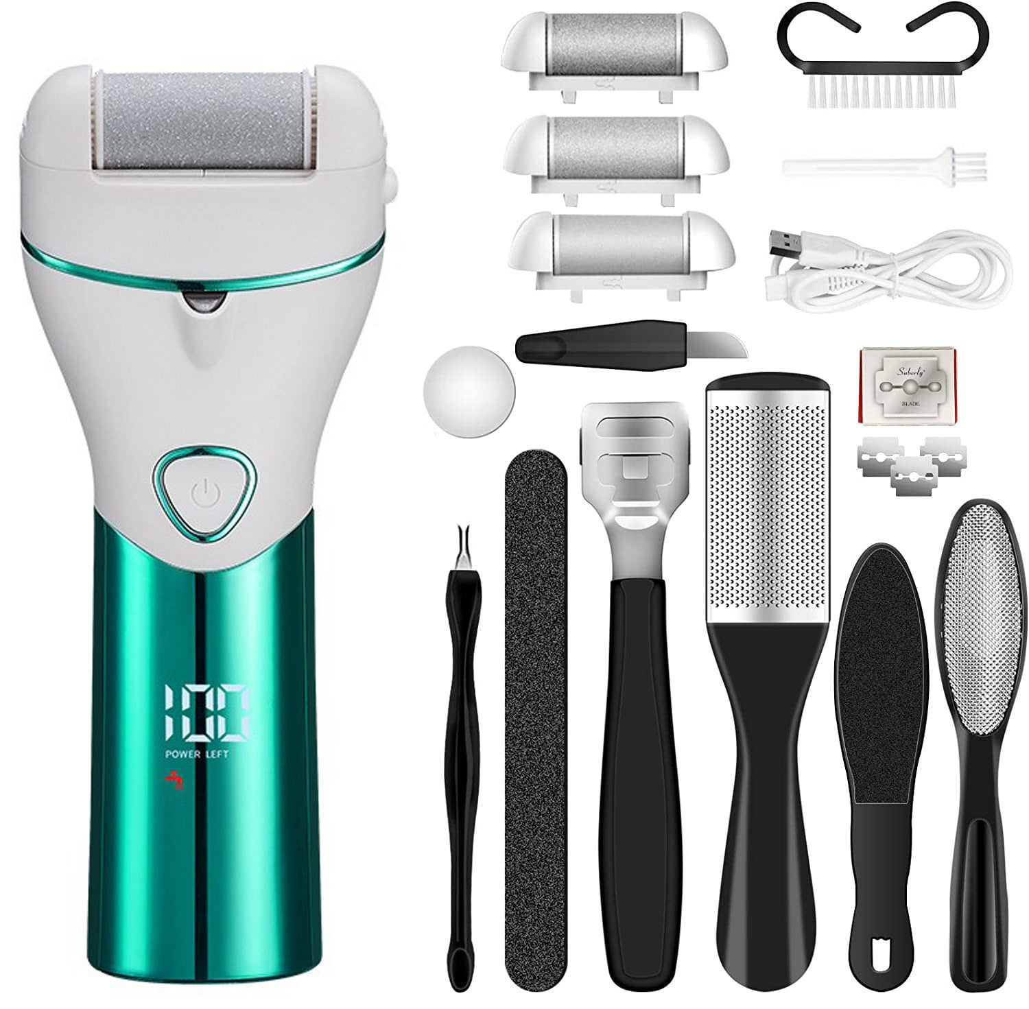 Green And White Rechargeable Electric Foot File Callus Remover Kit - 10pc Pedicure Set with LED Display for Smooth Feet-Foot Care-PEROZ Accessories