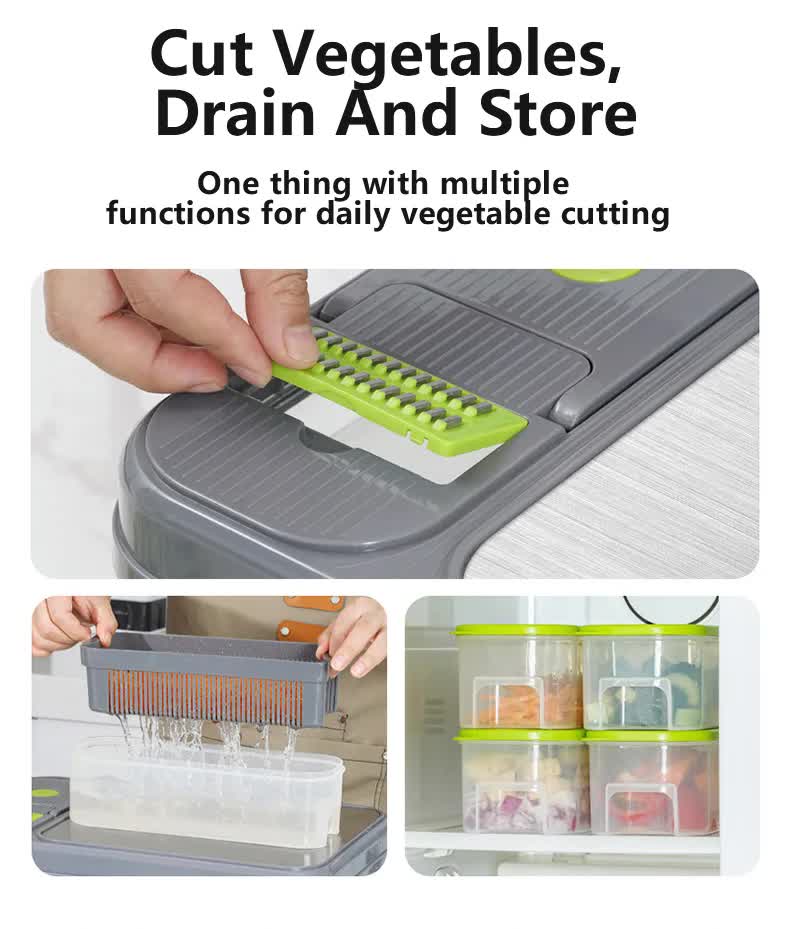 Green And Grey Ultimate 12-in-1 Multi-Functional Vegetable Slicer Dicer Chopper - Mandoline with Storage Containers & Drain Basket-Home & Garden > Kitchenware > Kitchen Utensils-PEROZ Accessories