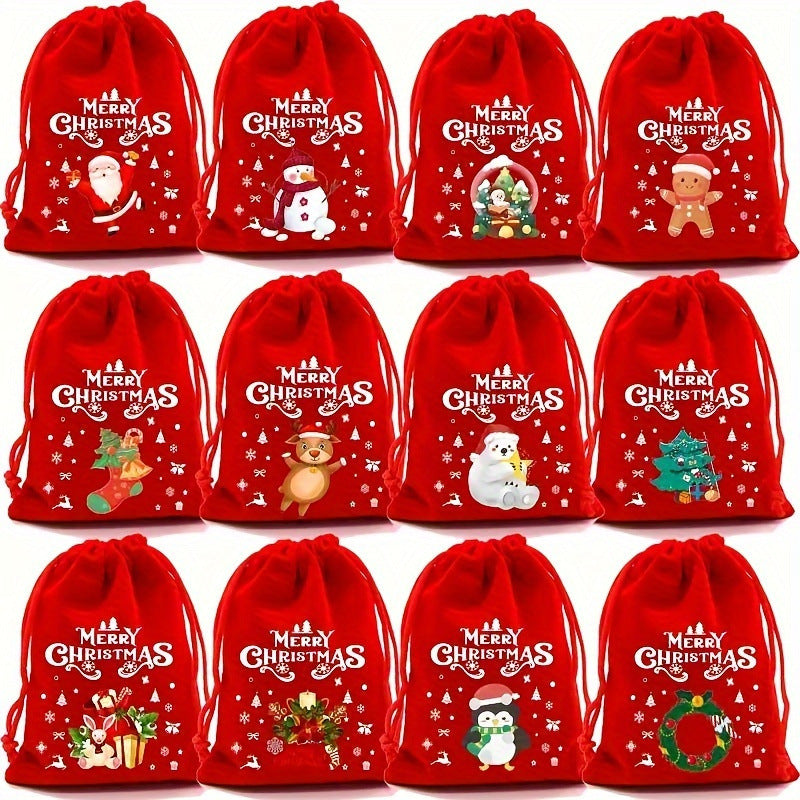 Red flannel Christmas Gift Drawstring Bags Set - Festive Burlap Style Pouches for Candy & Apples - Holiday Decoration - 10 Pcs-Occasions > Christmas > Christmas Decorations-PEROZ Accessories