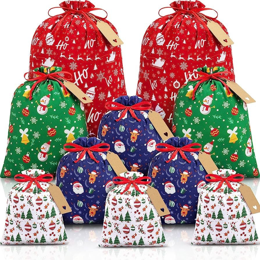 Red flannel Christmas Gift Drawstring Bags Set - Festive Burlap Style Pouches for Candy & Apples - Holiday Decoration - 10 Pcs-Occasions > Christmas > Christmas Decorations-PEROZ Accessories