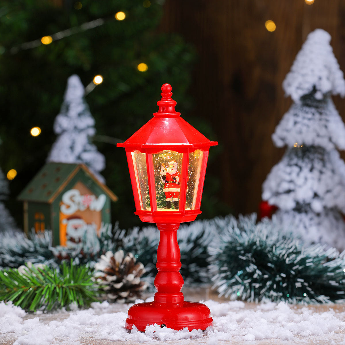 Festive LED Christmas Snow Globe Lantern - Glittering Tabletop Decoration with Santa/Snowman Scene, Dual Power(red)-Occasions > Christmas > Christmas Decorations-PEROZ Accessories