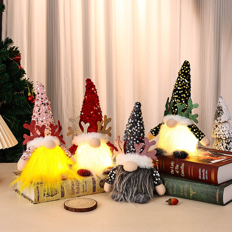Light-Up Christmas Gnome Plush Doll with Sequin Hat & Antlers - Festive LED Tabletop Decoration(silver)-Occasions > Christmas > Christmas Decorations-PEROZ Accessories