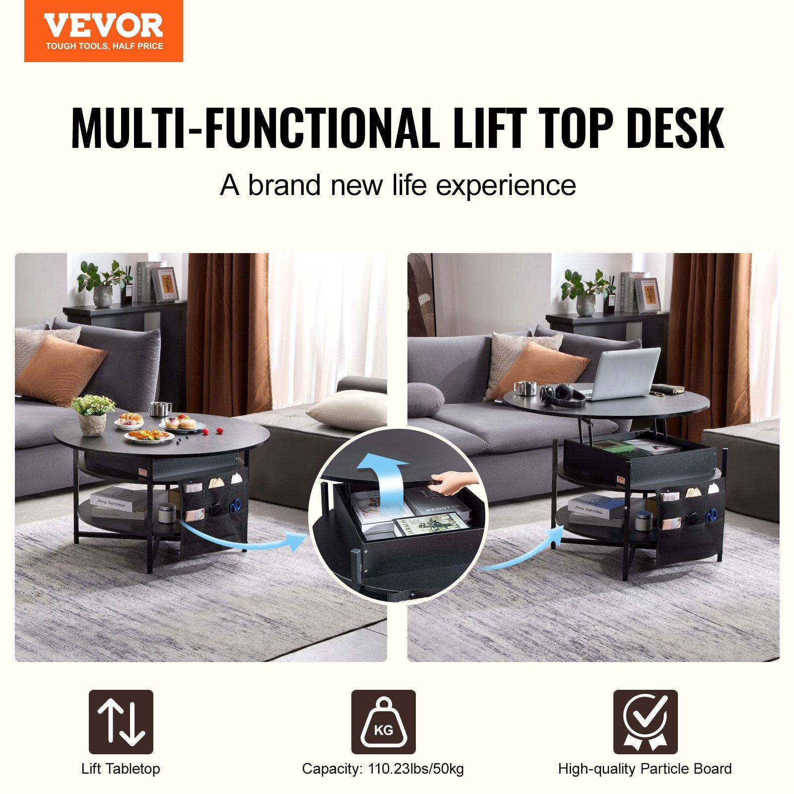 VEVOR Lift Top Coffee Table 35.3" Round Coffee Table for Living Room Black-Furniture > Outdoor > Outdoor Dining Sets-PEROZ Accessories