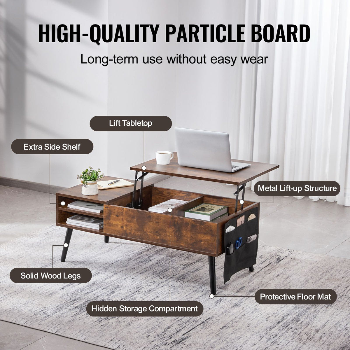 Lift Top Coffee Table 39.4 in Rectangle Coffee Table for Living Room Brown-Furniture > Outdoor > Outdoor Dining Sets-PEROZ Accessories