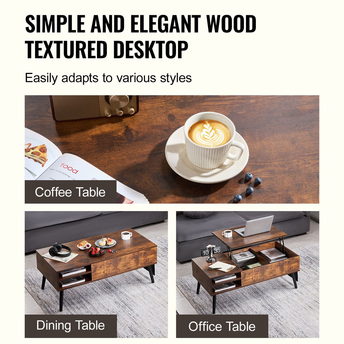 Lift Top Coffee Table 39.4 in Rectangle Coffee Table for Living Room Brown-Furniture > Outdoor > Outdoor Dining Sets-PEROZ Accessories