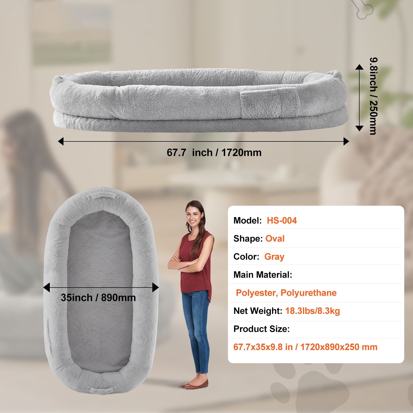 Human Dog Bed 1720x890x250 mm Human Size Dog Bed Washable Faux Rabbit Fur-Pet Care > Dog Supplies > Dog Beds-PEROZ Accessories