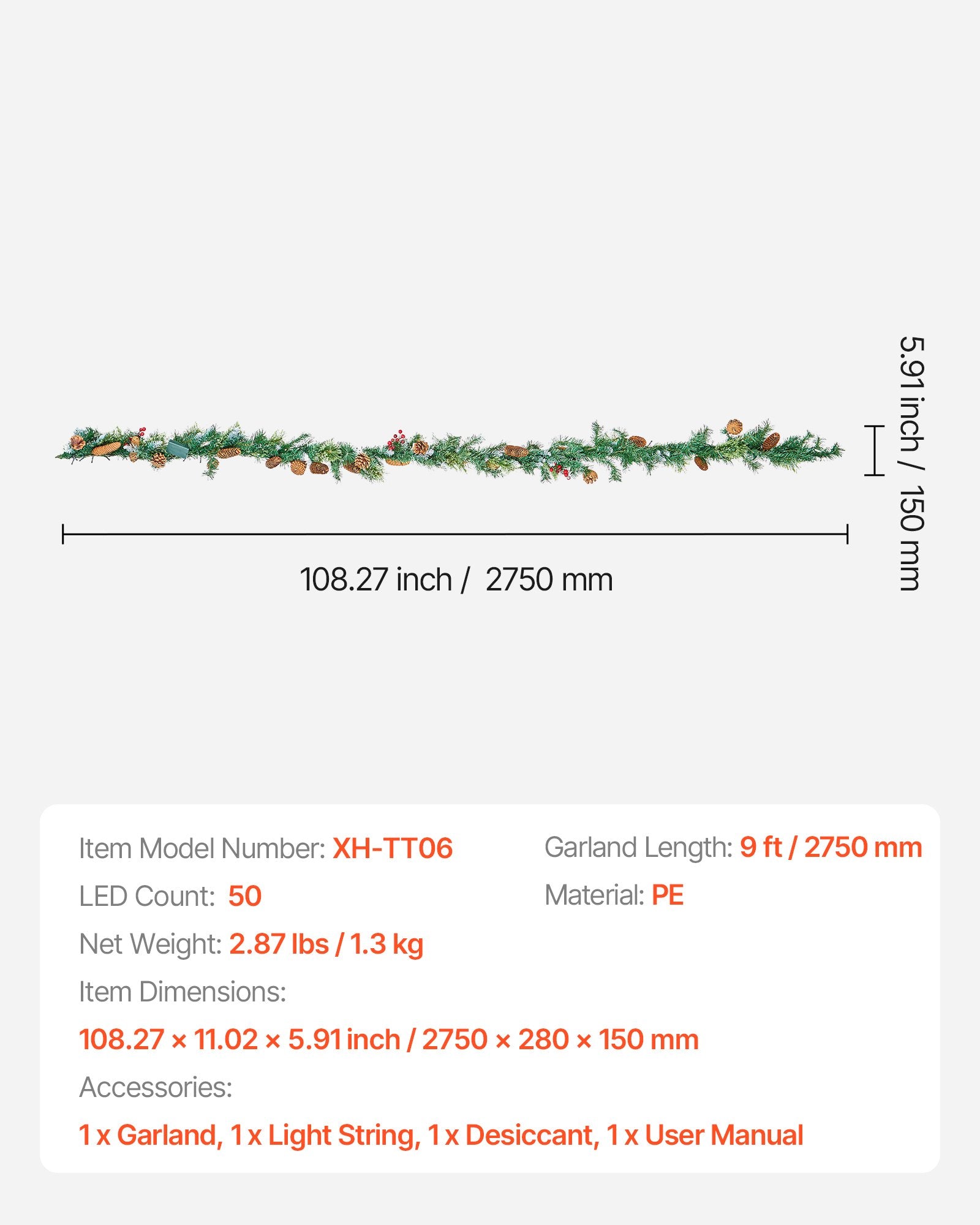 VEVOR Christmas Garland, 2750mm Artificial Christmas Garland with Light String, Faux Greenery Decoration with Berry Clusters, Pine Needles, Pine Cones, Realistic Xmas Collection for Mantel Fireplace-Occasions > Christmas > Christmas Wreaths & Garlands-PEROZ Accessories