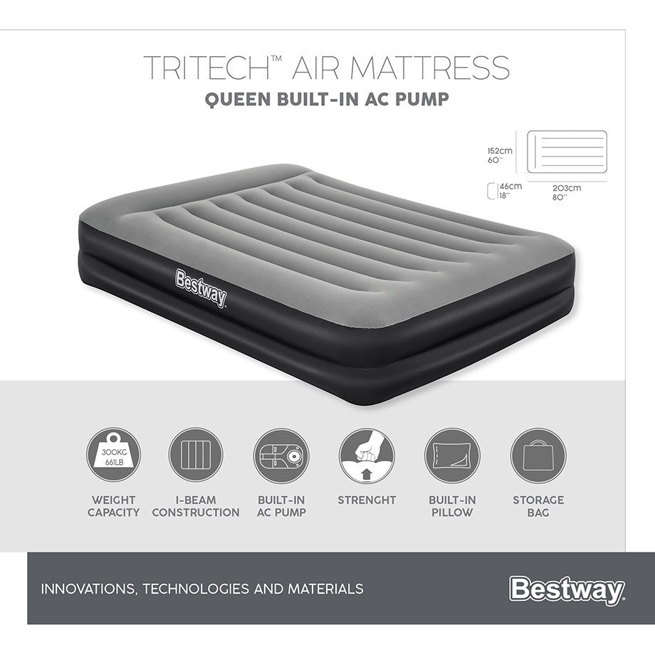 Bestway 2.03m x 1.52m x 46cm Tritech Air Mattress Queen Built-in AC pump-Outdoor Recreation > Camping > Inflatable Mattresses-PEROZ Accessories